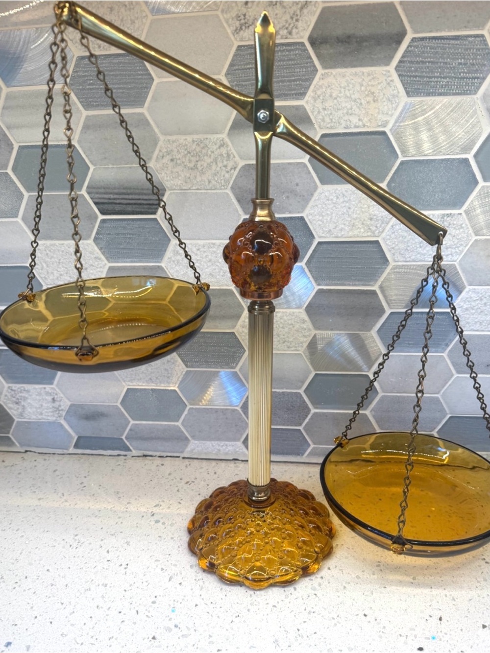 Vintage Amber Glass Balance Scale of Justice With Gold Tone. Beautiful